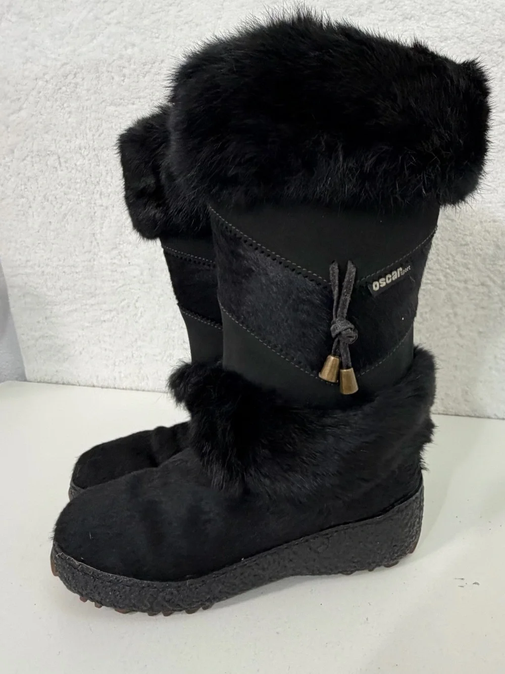 Oscar Sport made in Italy Black Fur Trim Apres Ski Snow Winter Boots Womens 6.5